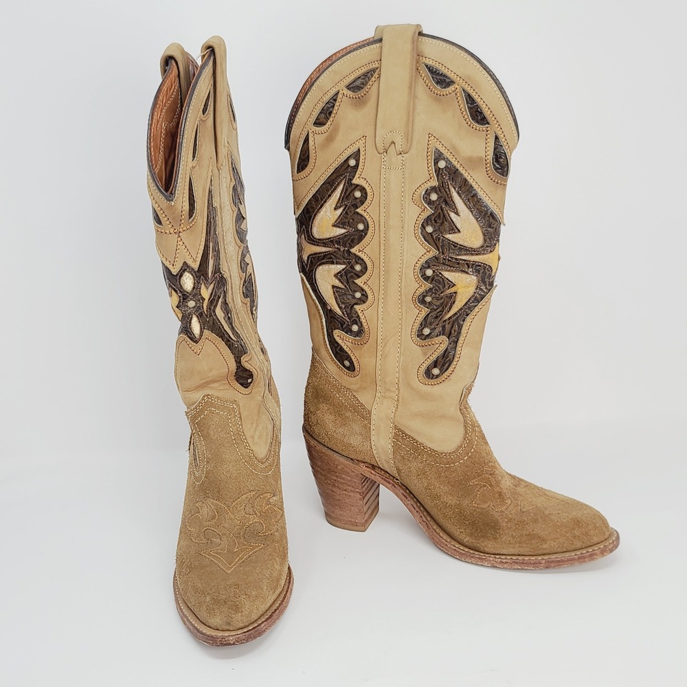 Vintage Miss Capezio L486 Cowboy Boots Womens 7M Tan Suede Butterfly Inlay USA